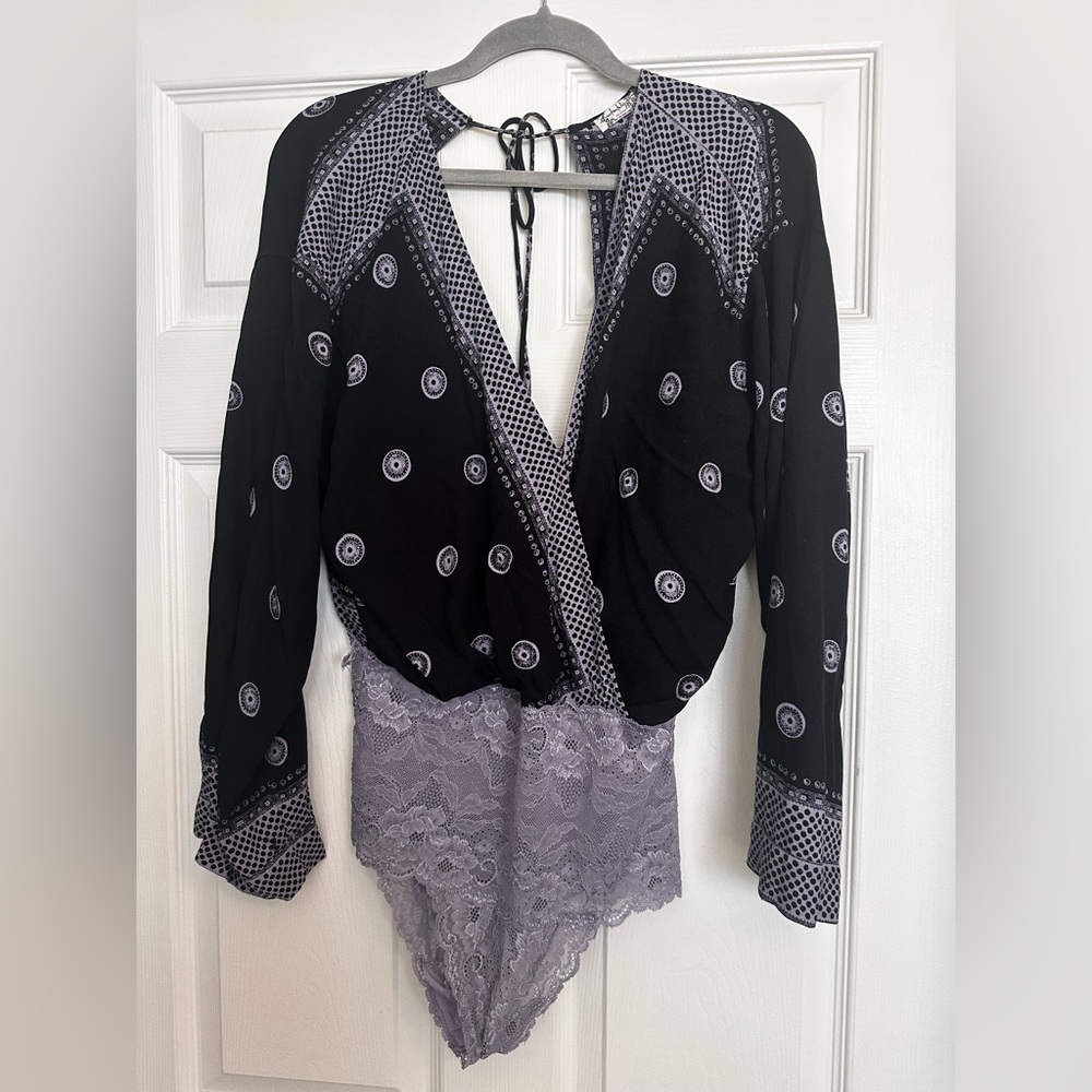 Free People Black and Gray Patterned Bodysuit